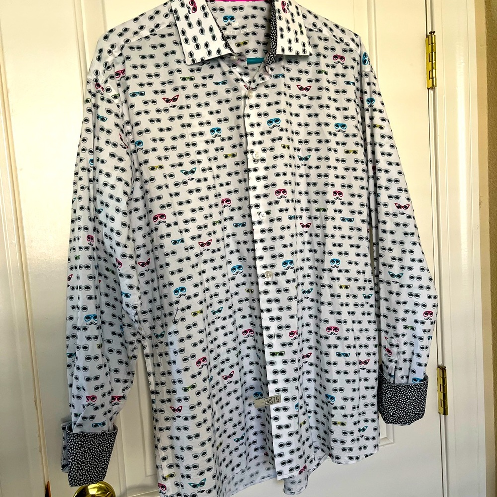 Bertigo men’s casual button down cotton shirt White with glasses print